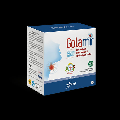 Eine Packung Aboca Golamir 2Act Lutschtabletten, 20 Lutschtabletten